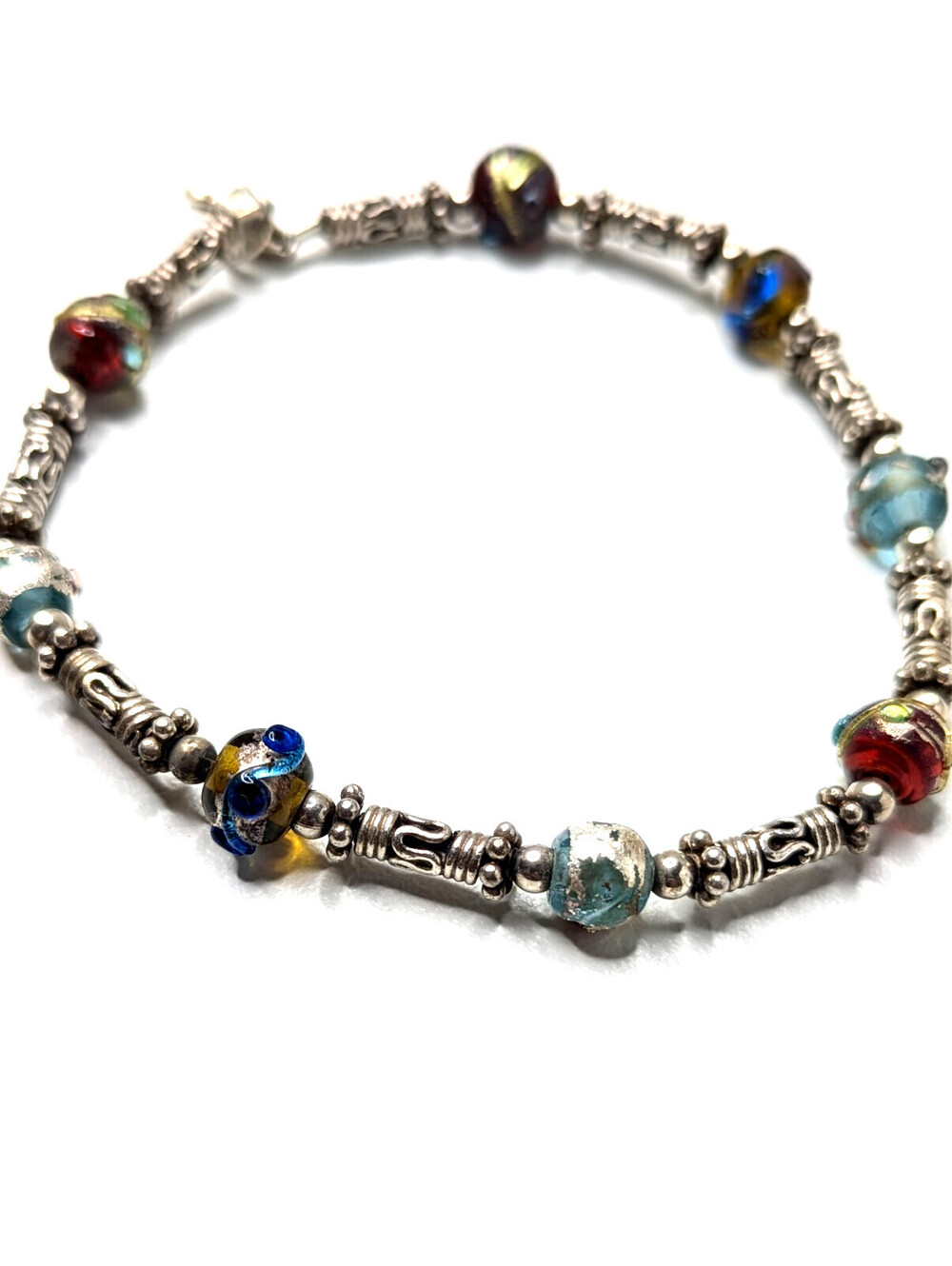 Sterling Silver 925 Bracelet Lampwork Glass Beads Bali Style Toggle Clasp 21cm